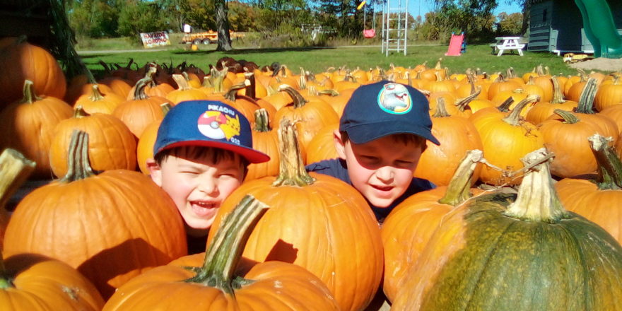 Justin and Oliver peeking their heads through all the pumpkins.