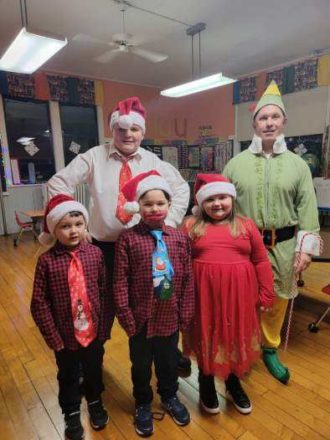 Oliver, Reggie, Justin, Olivia, and Mr. Greg (The Elf) picture for Christmas Concert