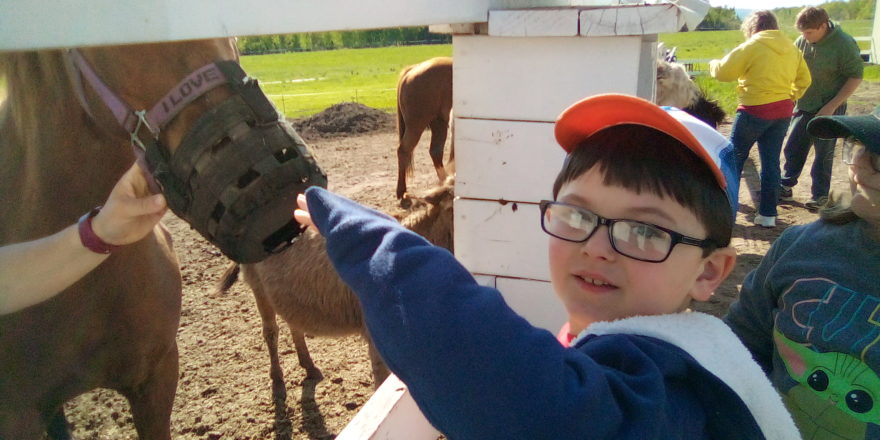 Justin feeding the critter ranch horse a carrott.