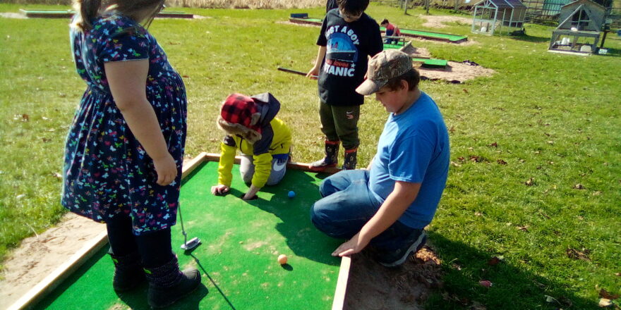 Olivia, Reggie, and Justin watch Avery trdy and get a ball out of the putting green hole.