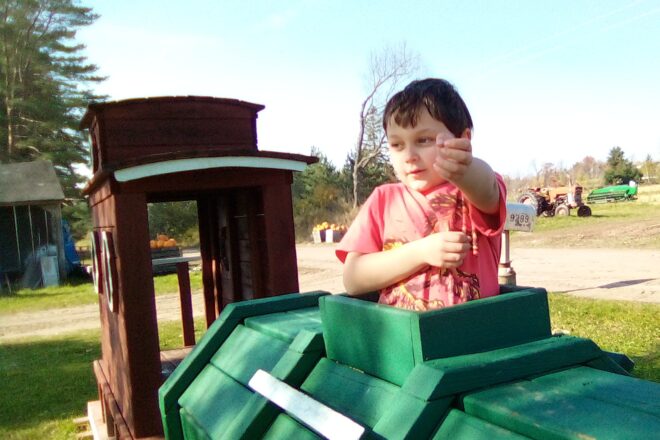 Oliver on the train at the Hulkkonen Farm.