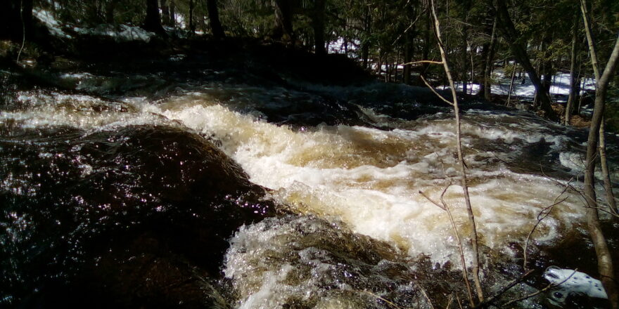 Wyandotte water falls top section of rapids in early spring 2023 with the Elm River School kids field trip.