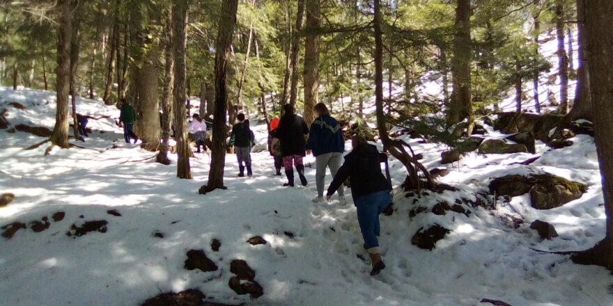 Elm River School field trip hiking to the Wyandotte water falls in early spring 2023.