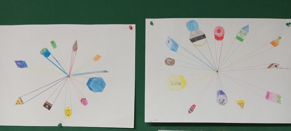 Art projects using shapes drawn with ruler lines that go to a single focal point.