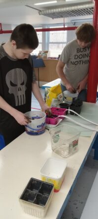 The two big kids are mixing dirt and water with the potting mixture so they can fill planter trays.