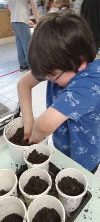 One of the young kids mixing his little bucket of potting soil with a little water so he can fill the seed trays. 