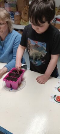 One of the kids poking a hole in the middle of the planting soil to get ready to drop in a seed.