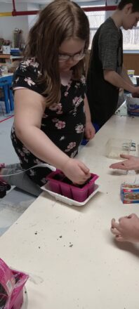 A student poking holes in the tray of planting soil to get ready for a seed to plant.