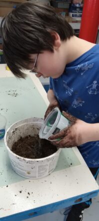 Adding water to the bucket of potting soil so it can be mixed to fill seep containers. 